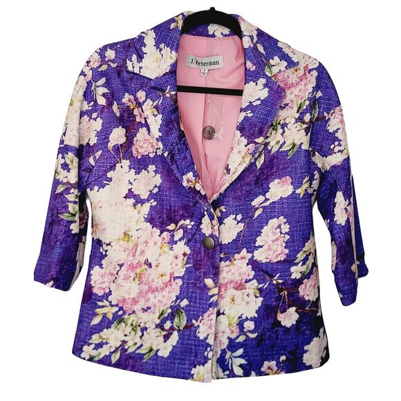 J Peterman Purple Cherry Blossom Cotton One Button 3/4 Sleeve Jacket NWOT Size 4 - Picture 2 of 11